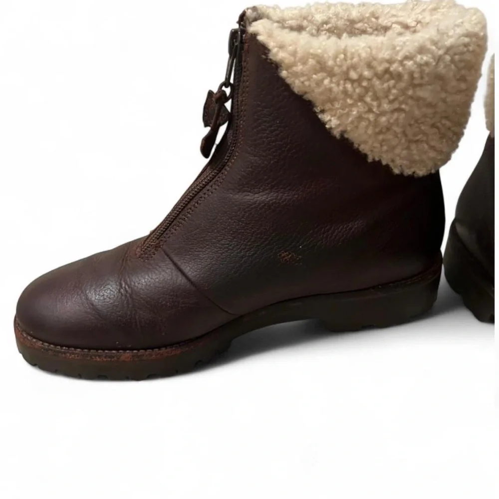 Vtg Cole Haan Shelley Sz 7 Brown Pebbled Leather Fur Lined Front Zip Booties